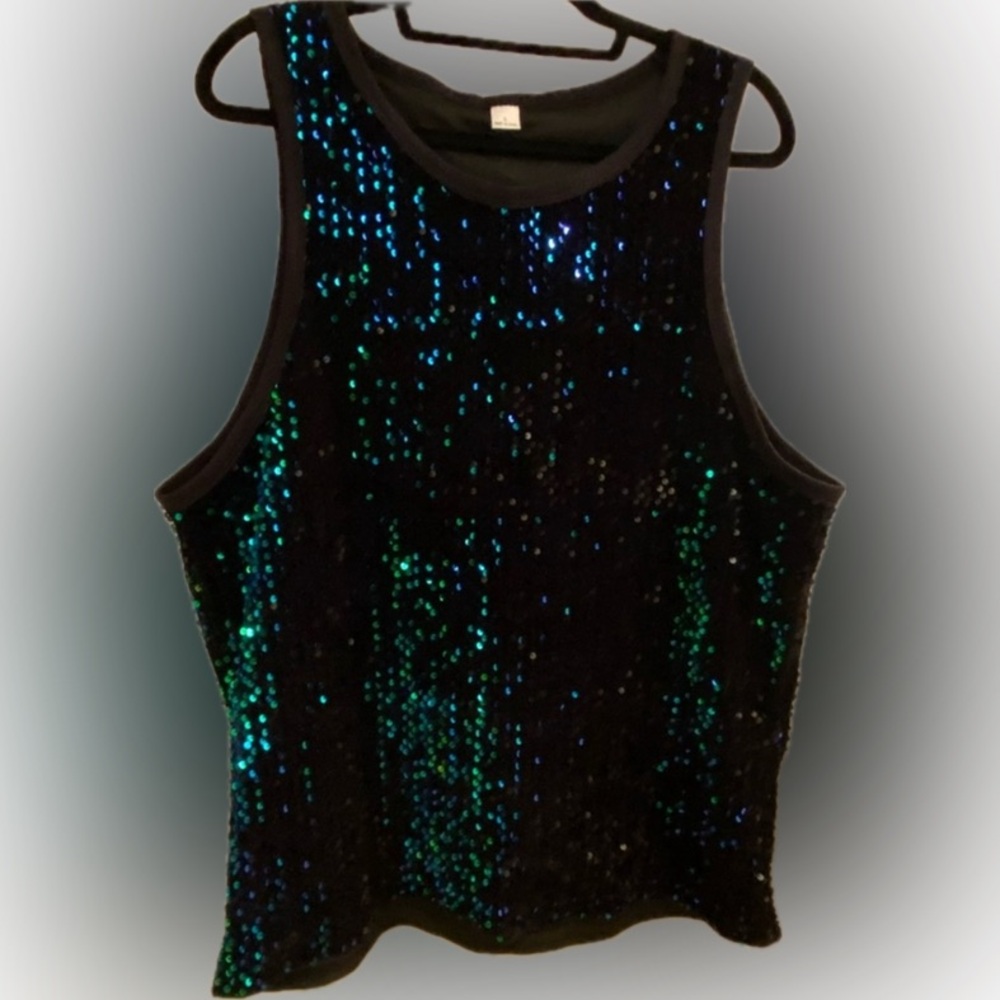 DONATED 🛑Sparkle tank top. Peacock sequins (green/blue), L, NWOT. - Picture 1 of 9